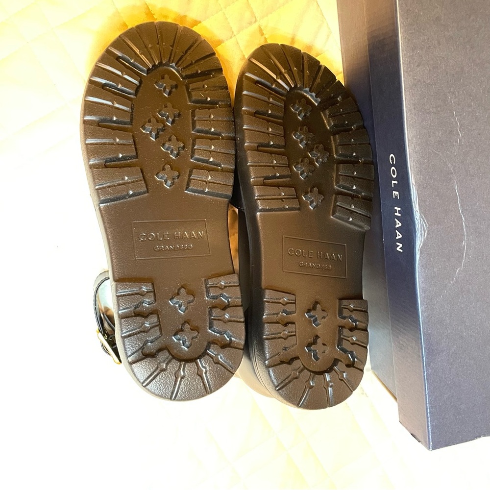 Cole Haan Black Leather Crisscross Ankle Strap Sandals with Gold Buckle - Picture 8 of 11